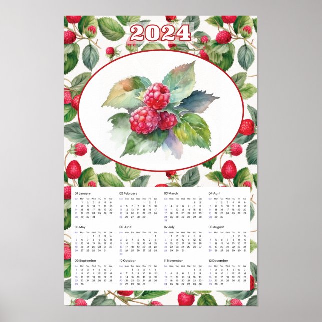 Poster Calendário 2024 Framboesas Vintage Aquarela (Frente)