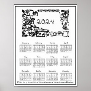 Poster Calendário 2024 Tecido Molduras Fabricadas com Fon