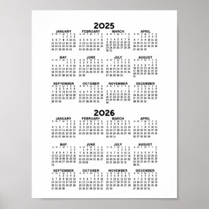 Poster Calendário 2025 2026 - preto e branco mínimo básic