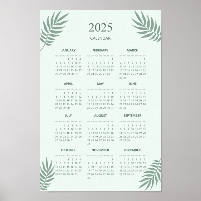 Poster Calendário 2025 Boho Floral Estética Verde Menta (Frente)