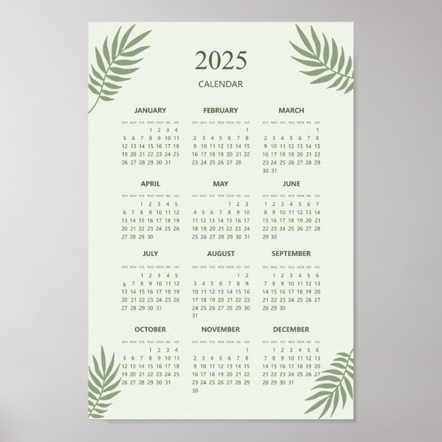 Poster Calendário 2025 Boho Floral Estético Verde Musgo (Frente)