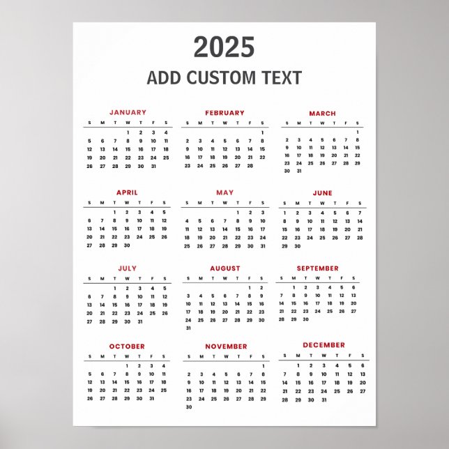 Poster Calendário 2025 com texto personalizado moderno (Frente)