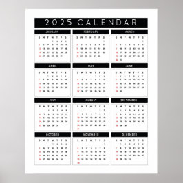 Poster Calendário 2025 preto e branco simples