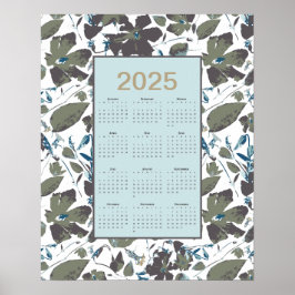 Poster Calendário 2025 Verde Azul Clematis Floral