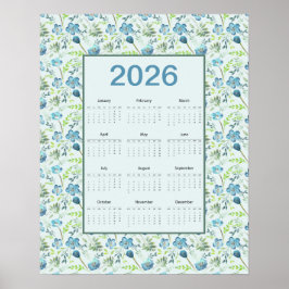 Poster Calendário 2026 Ano Inteiro Floral Azul