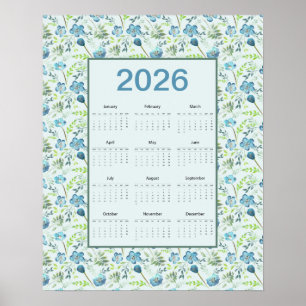 Poster Calendário 2026 Ano Inteiro Floral Azul