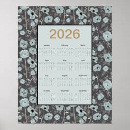 Poster Calendário 2026 Ano Inteiro Papoulas Azul Cinza