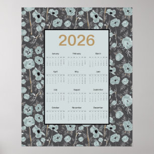 Poster Calendário 2026 Ano Inteiro Papoulas Azul Cinza