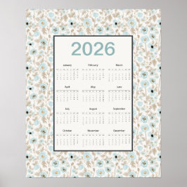Poster Calendário 2026 Ano Inteiro Papoulas Azul Creme