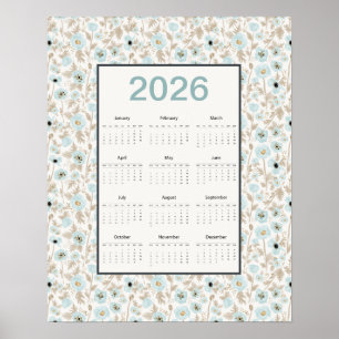 Poster Calendário 2026 Ano Inteiro Papoulas Azul Creme