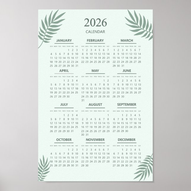 Poster Calendário 2026 Boho Floral Estético Verde Claro (Frente)