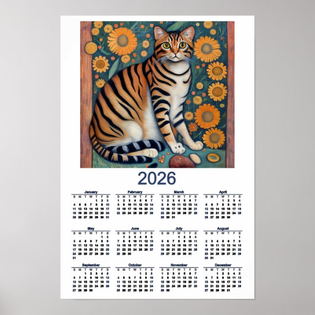 Poster Calendário 2026 com Arte Popular de Gato Malhado (Frente)