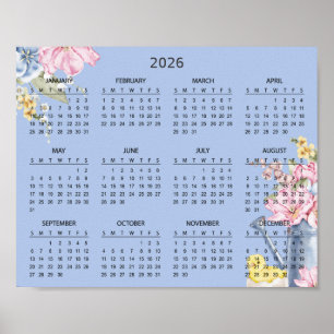 Poster Calendário 2026 de Flores Botânicas Simples e Eleg