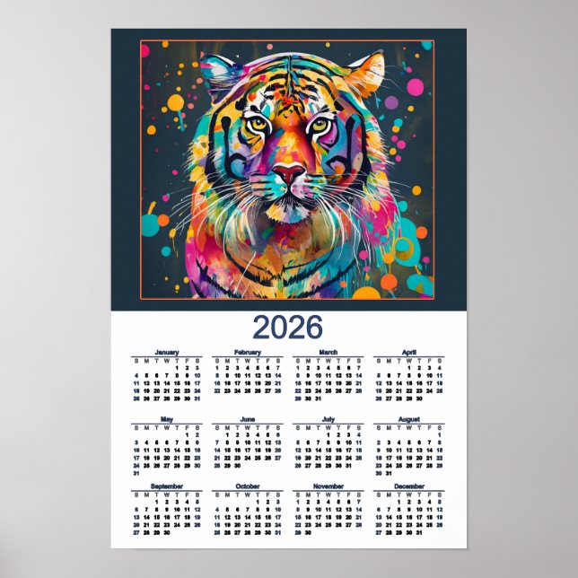 Poster Calendário 2026 do Tigre em Aquarela Deslumbrante  (Frente)