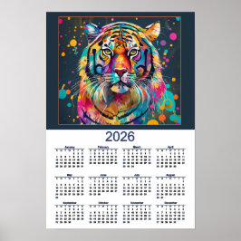 Poster Calendário 2026 do Tigre em Aquarela Impressionant