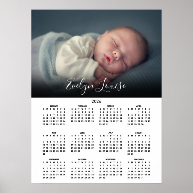 Poster Calendário 2026 Elegante com Nome e Foto (Frente)