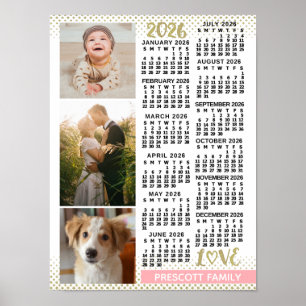 Poster Calendário 2026 Rosa Bege Dourado Colagem de Fotos
