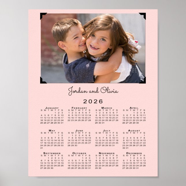 Poster Calendário 2026 Sua Foto e Nome Rosa (Frente)