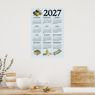 Poster Calendário 2027, Azeitonas Mediterrâneas, Azul