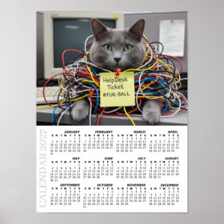 Poster Calendário 2027, Balcão de Ajuda, TI - Gatos Diver