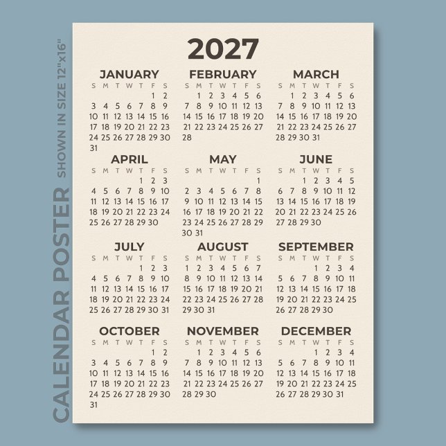 Poster Calendário 2027 Bege Quente Simples Moderno (Criador carregado)