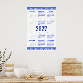 Poster Calendário 2027, Fretwork Grego, Azul Grego sobre