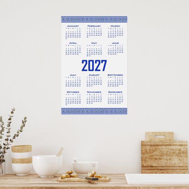 Poster Calendário 2027, Fretwork Grego, Azul Grego sobre  (Cozinha)