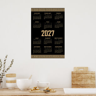 Poster Calendário 2027, Fretwork Grego, Bege no Preto