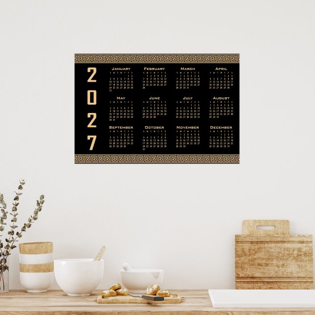 Poster Calendário 2027, Fretwork Grego, Bege no Preto (Cozinha)