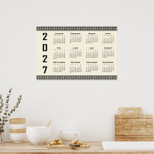 Poster Calendário 2027, Fretwork Grego, Preto no Bege