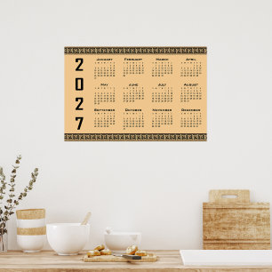 Poster Calendário 2027, Fretwork Grego, Preto no Bege