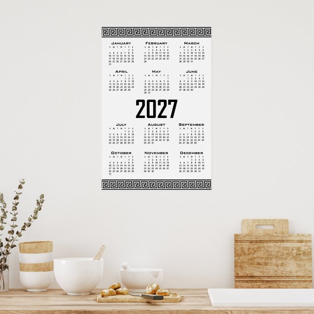 Poster Calendário 2027, Fretwork Grego, Preto no Branco (Cozinha)