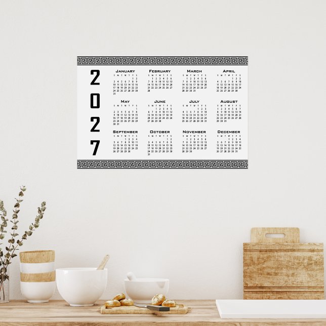 Poster Calendário 2027, Fretwork Grego, Preto no Branco (Cozinha)