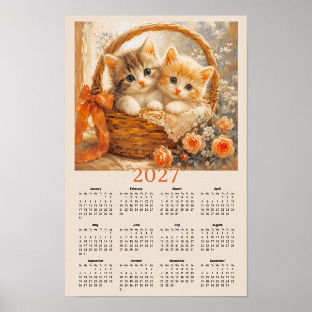 Poster Calendário 2027 - Gatinhos Fofos em Cesta Tecida (Frente)