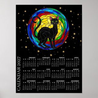 Poster Calendário 2027, Gato Preto Vintage, Mosaico Color