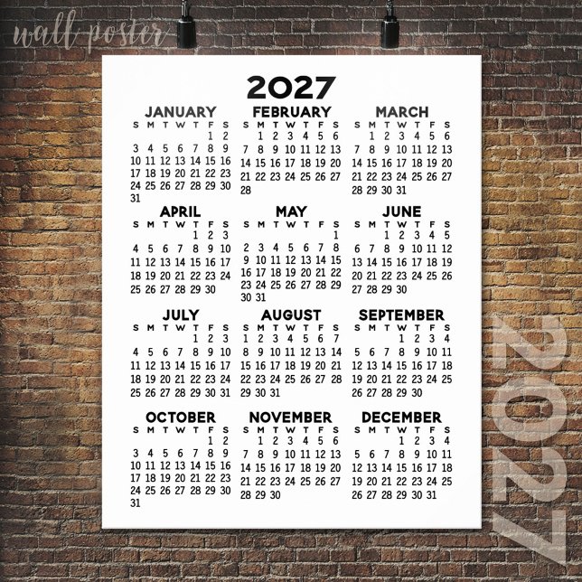 Poster Calendário 2027 - Preto e Branco Mínimo Básico (2027 Calendar Poster)