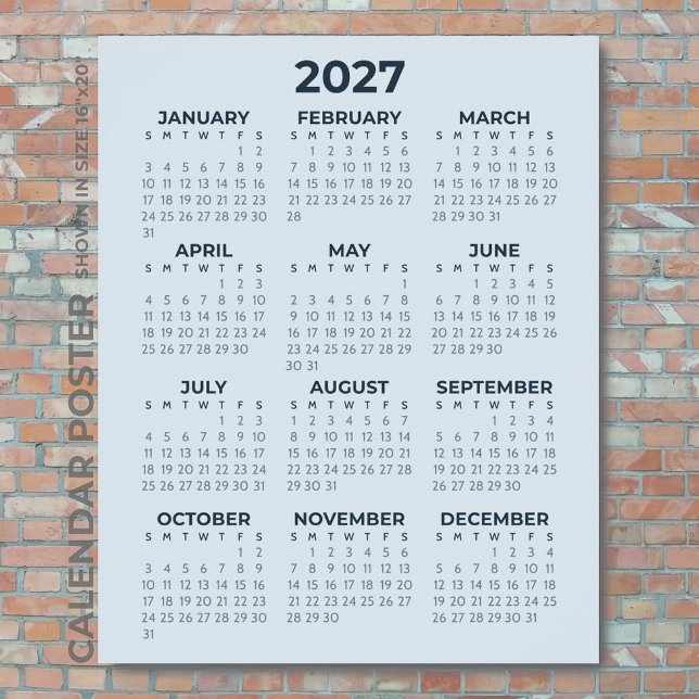 Poster Calendário 2027 Simples Moderno Azul Empolado Pare (Criador carregado)