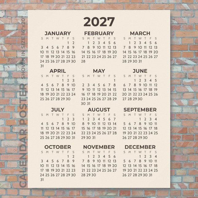 Poster Calendário 2027 Simples Moderno Bege Quente Parede (Criador carregado)