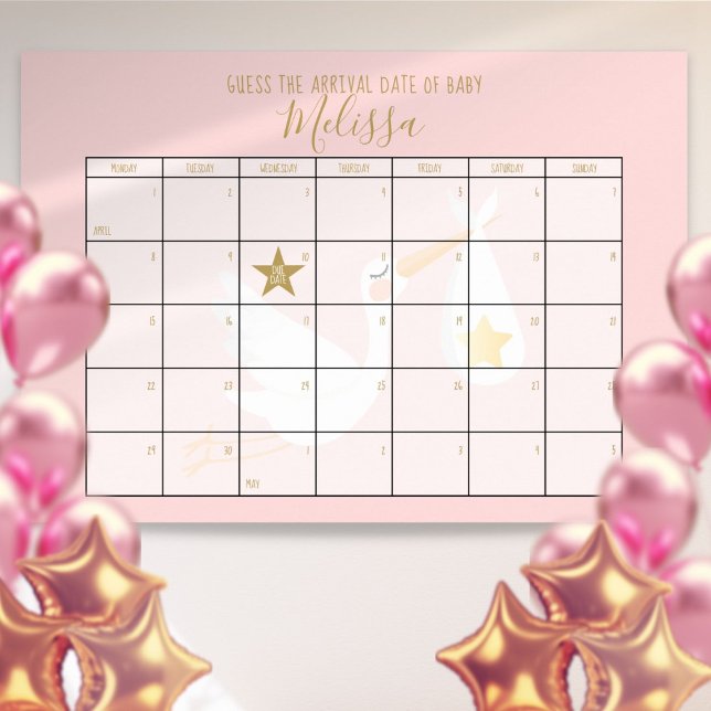 Poster Calendário Adivinhe a Data de Nascimento Rosa Jogo (Guess The Due Date Calendar Pink Baby Shower Game Poster)