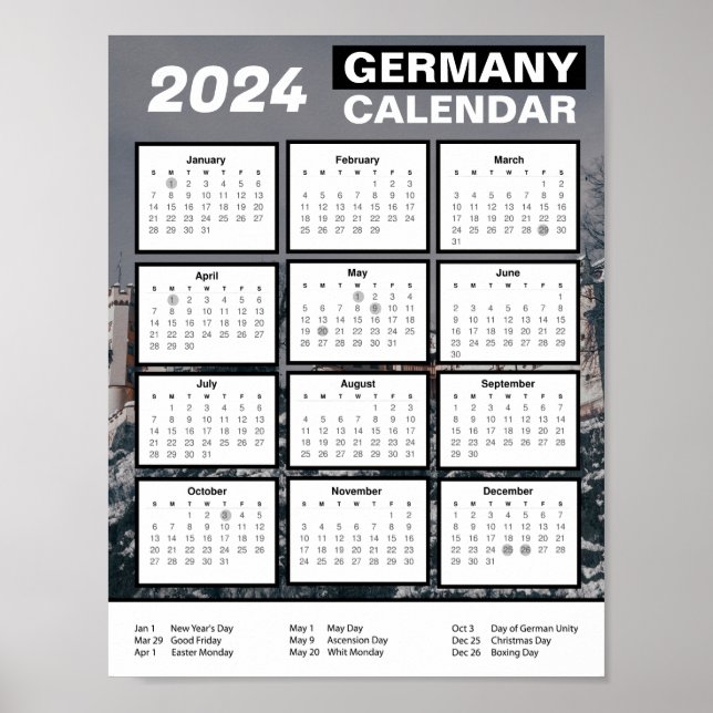 Poster Calendário alemão 2024 em inglês | Download Pdf (Frente)