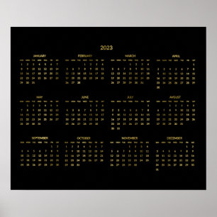 Poster Calendário Anual 2023 Cartaz Dourado Falso e Preto