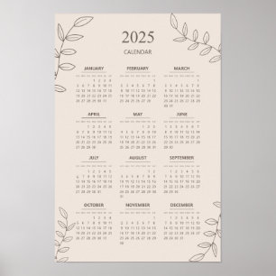 Poster Calendário Anual 2025 Arte de Linha Floral Minimal