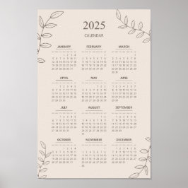 Poster Calendário Anual 2025 Arte de Linha Floral Minimal