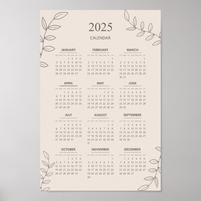 Poster Calendário Anual 2025 Arte de Linha Floral Minimal (Frente)