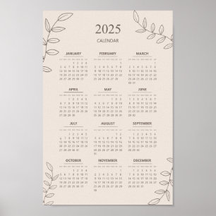 Poster Calendário Anual 2025 Arte Linear Floral Minimalis