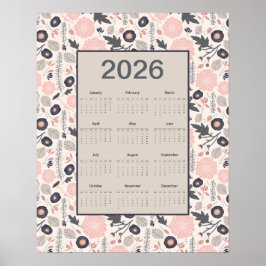 Poster Calendário Anual 2026 Rosa Cinza Botânico