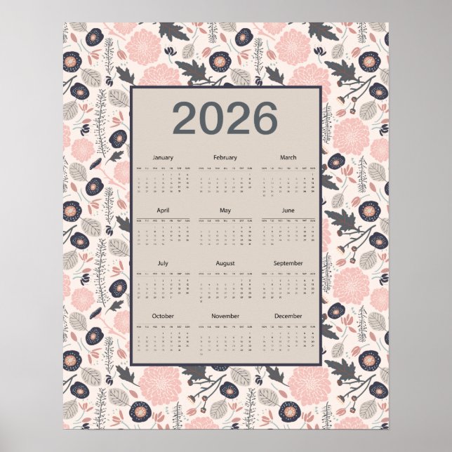 Poster Calendário Anual 2026 Rosa Cinza Botânico (Frente)