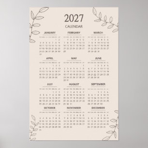 Poster Calendário Anual 2027 Arte em Linha Floral Minimal
