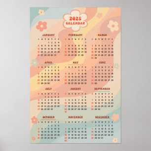 Poster Calendário Anual de 2025 Groovy Vintage Pastel Swi