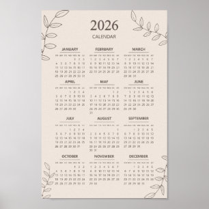 Poster Calendário Anual de 2026 Arte de Linha Floral Mini